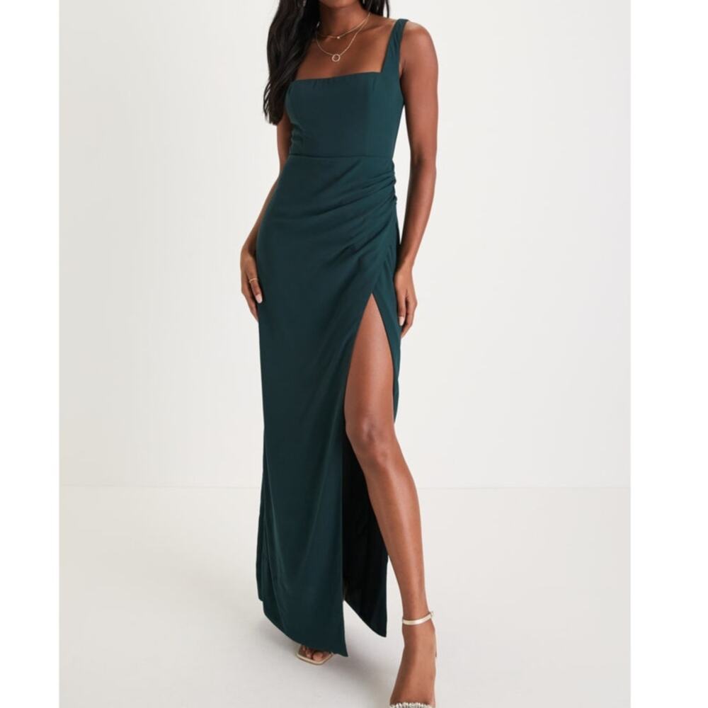 NEW Lulus Glamorous Disposition Emerald Green Square Neckline Ruched Maxi Dress